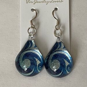 Chuvora sterling silver 925 blue sea wave design dangle hook earrings